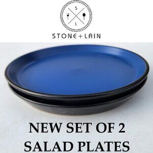NEW Set of 2 Stone Lain Stoneware Plates 7.5" Salad Plate Albie Blue Black Repla